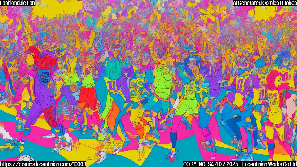 A brightly colored cartoon image depicting a generic football stadium. In the stands, a stylish woman with sunglasses and a flamboyant outfit (think bright colors, bold patterns) is the center of attention. Other spectators are turning to look at her with expressions of surprise and admiration. The overall style should be simple and cartoonish, focusing on clean lines and vivid colors.