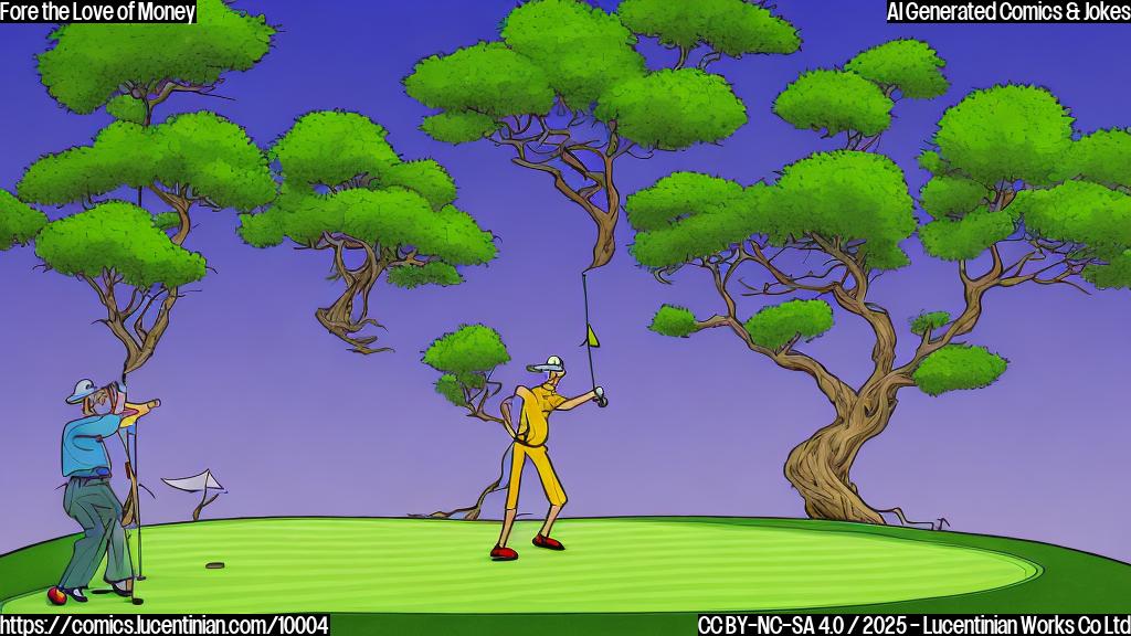 Draw a cartoon style image of a golfer standing on top of a small hill or ramp, holding a golf club and wearing a determined expression. The background should be a serene green landscape with a few trees and a sunny sky. Incorporate some subtle hints of wealth and success, such as a briefcase or a large check, in the golfer's hands or nearby.