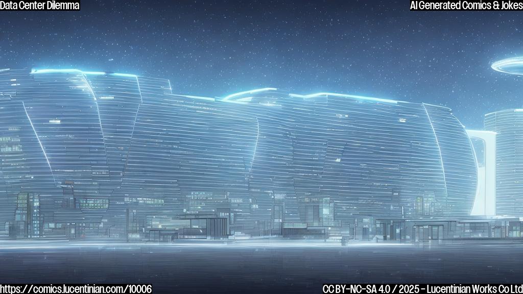 A cartoon drawing of a state lawmaker character with a disappointed expression, looking at a large, futuristic data center building with glowing lights. The data center has a sad face drawn on its side. The background is a generic suburban landscape. The colors are muted and slightly desaturated.