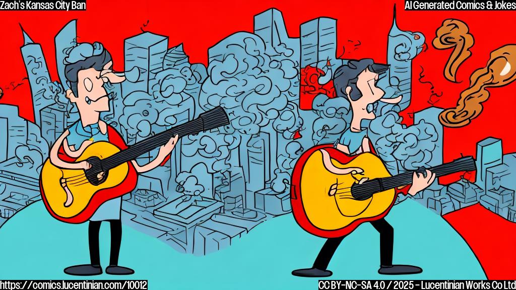 A cartoon musician with a guitar stands on a stage shaking his head with a thought bubble showing the outline of a city with barbeque smoke coming from it and a big red X over the city. The background color is a plain light yellow. Cartoon style.