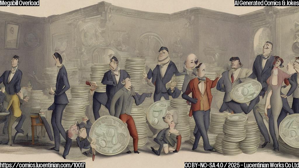 Cartoon of a group of grey suited characters standing around a very large plate piled high with money. They look concerned and are holding their stomachs. One of them is holding up a spoon, looking hesitant. The color is plain pastel.