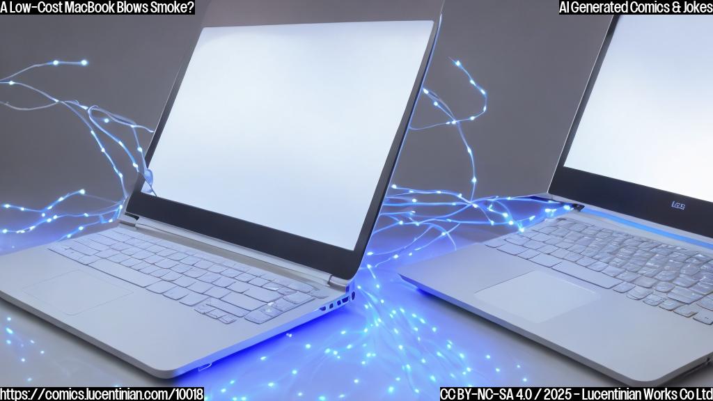 A small, white laptop with a silver lid and a touchscreen display sitting on a desk with a few cables connected to it, surrounded by a soft, blue glow.