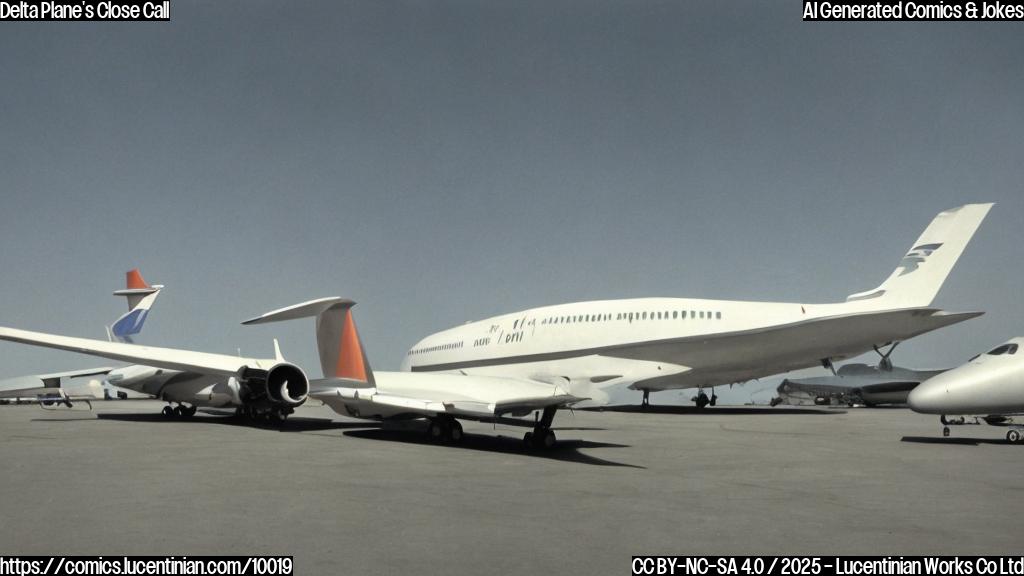 A large, rectangular aircraft with a curved wing and a long tail section, sitting on the ground next to another similar aircraft. The aircraft with the clipped wing is slightly angled, as if it has been pushed or nudged by the other plane. The empty jet has a few seats and some overhead compartments visible, but it's not carrying any passengers. The Delta plane is shown in the background, partially obscured by the empty jet. The atmosphere is one of slight confusion and concern, with the empty jet looking a bit battered and bruised.