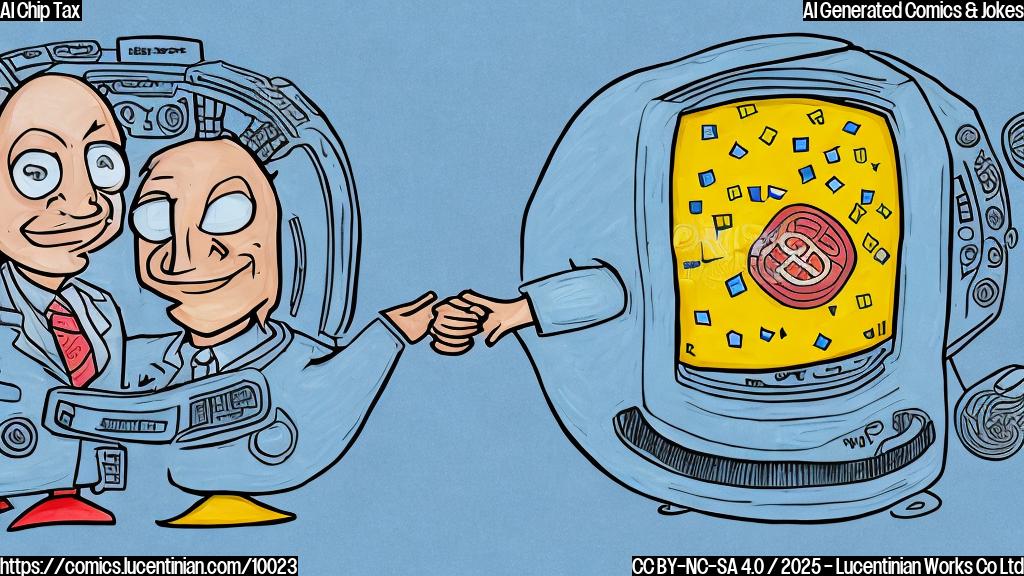 Cartoon style drawing of two smiling computer chips shaking hands with a United States dollar bill that has a face on it, all on a plain light blue background.