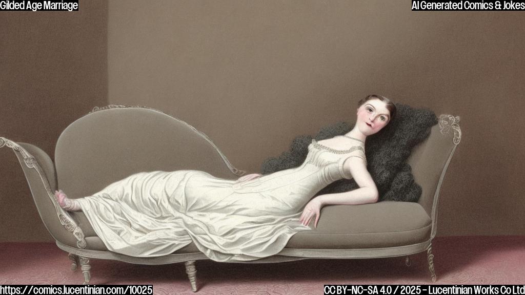 a simple cartoon drawing of a woman in an elegant, late 19th-century dress, sitting on a velvet chaise lounge, looking exasperated. The background is a plain pastel color.