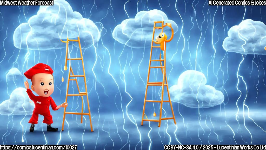 A weather forecaster character with a concerned expression standing next to a tall ladder under a cartoon rain cloud, the background is a simple plain blue.