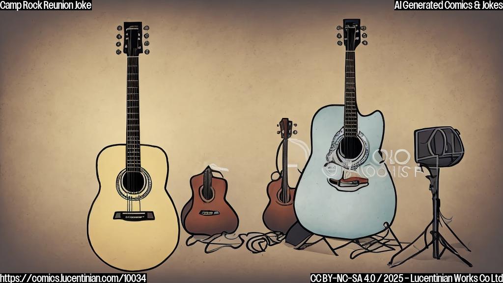 A simple cartoon drawing of an old acoustic guitar with a sad face, sitting backstage with a speech bubble saying "I'm feeling a little rusty!". The background is a blurry stage with spotlights. All in plain colors.