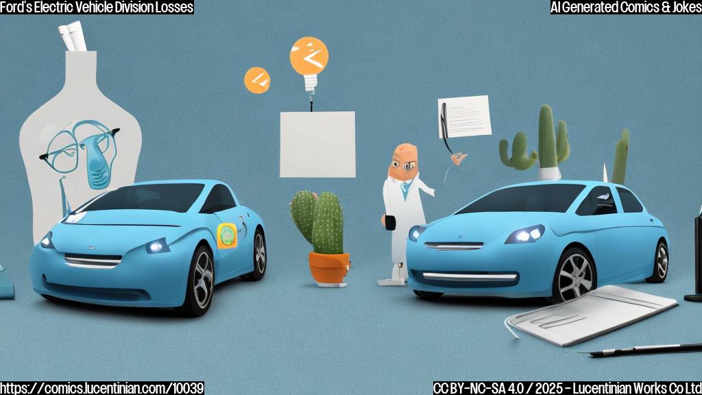 A blue cartoon electric car sitting on a brown couch in a therapist's office. The car looks sad and has a tear rolling down its headlight. The therapist is a green cactus wearing glasses and holding a notepad. The office is plain and simple, with a light blue wall.