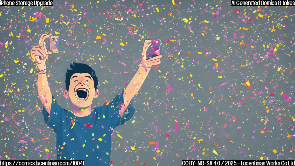 Plain color cartoon style picture of a person happily holding a phone with a surprised expression, confetti falling around them, symbolizing finally enough memory to store photos.