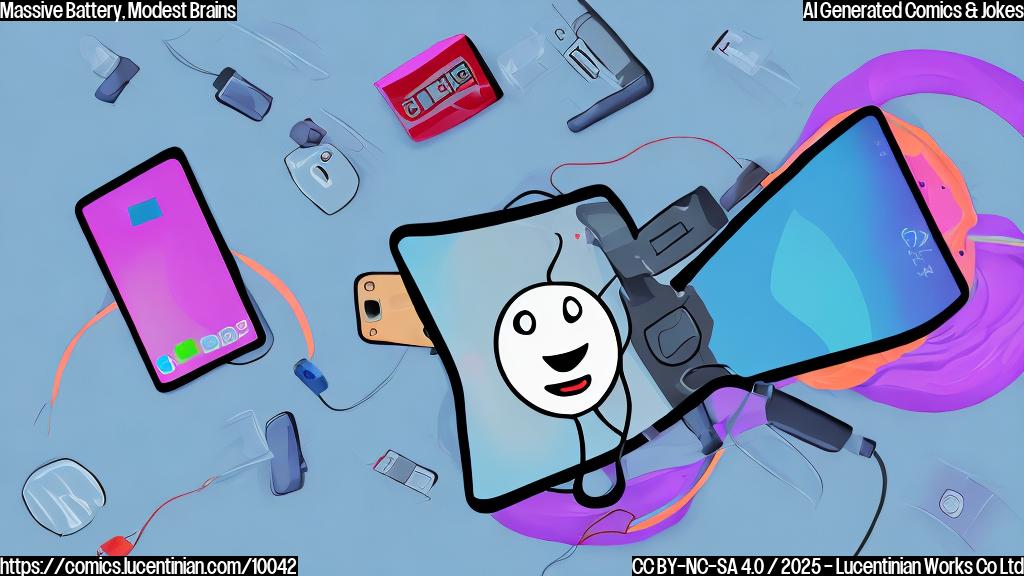 Cartoon style image of a smartphone with a comically oversized battery pack sticking out of its back. The phone has a sad face drawn on its screen. The background is a plain light blue.