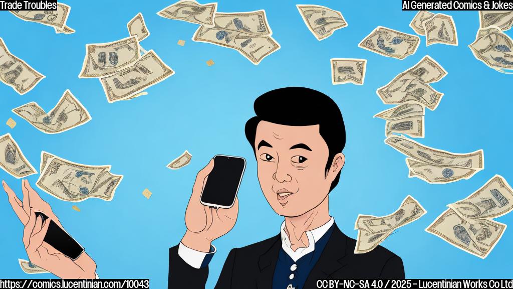 Cartoon image of an Asian country leader with dark hair sadly staring at a phone while a thought bubble above his head shows money flying away from him. The background is a plain light blue.