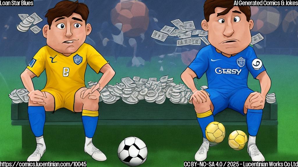 A sad-looking cartoon soccer player in a blue jersey, sitting on a bench made of money, with a thought bubble showing a soccer field.