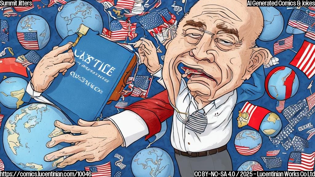 A cartoon-style image depicting a stressed-looking American official sweating and struggling to close a very large suitcase overflowing with question marks, globes, and miniature flags. The background is a plain light blue.