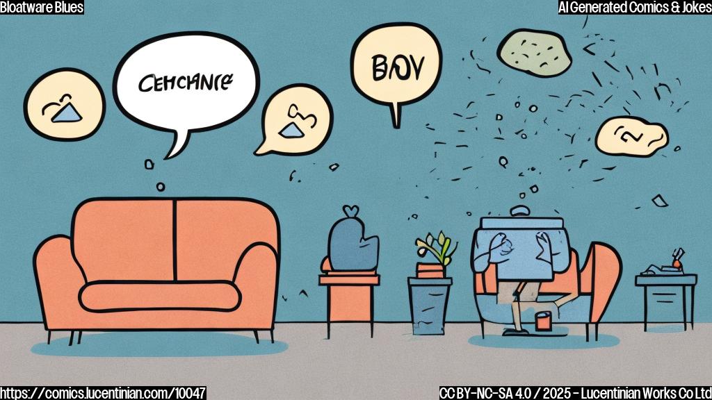Cartoon illustration of a sad smartphone sitting on a therapist's couch. The phone has a bloated belly and is sweating. The therapist is a friendly looking speech bubble. The background is a plain light blue. Cartoon style.