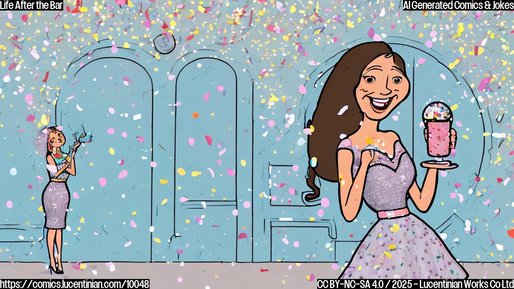 A smiling cartoon woman with long brunette hair, wearing a sparkly dress, stands in front of a closed cartoon bar with a sign that says "Closed". She's holding a cocktail and confetti is falling around her. The background is a plain light blue.