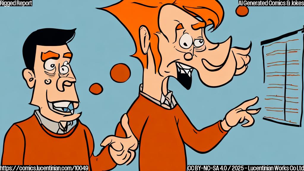a plain cartoon style picture of a grumpy man with orange skin and blond hair pointing angrily at a chart with falling numbers. The numbers on the chart look like they are melting.