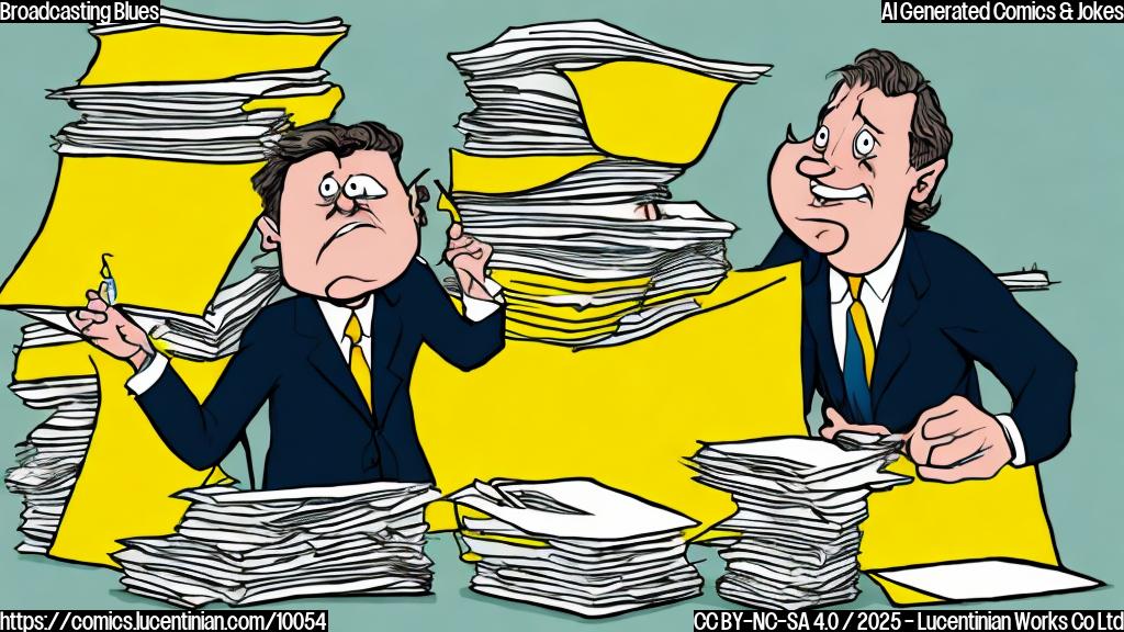Cartoon illustration of a stressed executive with messy hair sitting at a desk piled high with papers labeled "Merger Agreements", against a plain pastel yellow background.