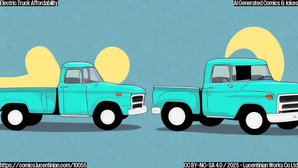 A plain cartoon style illustration of a bright blue electric pickup truck with large, expressive cartoon eyes and blushing cheeks. The background is a simple, solid light green color. The style is clean and minimalist, avoiding any photorealistic textures or complex details.