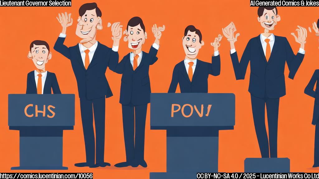 Cartoon style, plain orange background, a stressed-looking cartoon figure in a suit, sweating and pointing at two smaller figures standing on podiums. The smaller figures are smiling competitively.