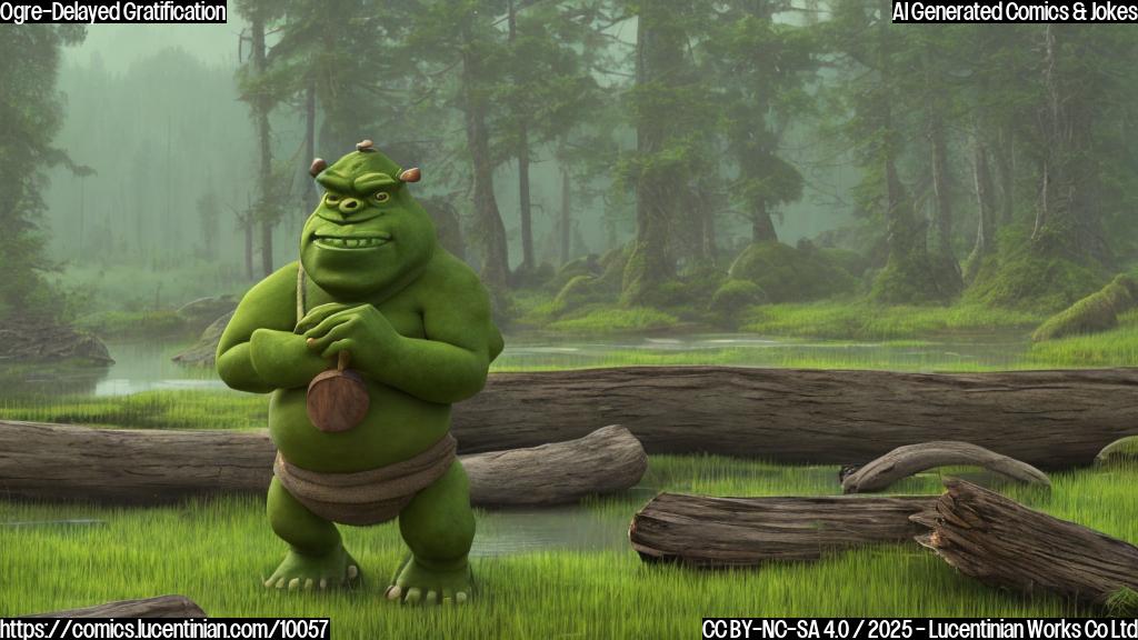 A simple, plain cartoon image of a green ogre sitting patiently on a log in a swamp, looking at a distant road sign that says "Far, Far Away" with an arrow pointing in that direction. The ogre has a relaxed expression on his face. The background is a simple, slightly misty swamp with basic green and brown colors.