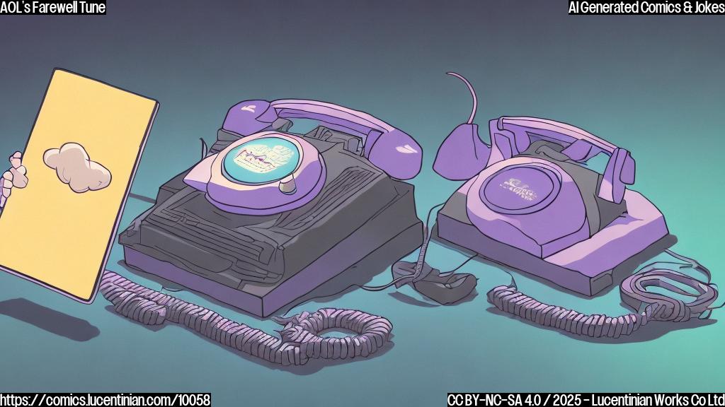 A cartoon-style image of a sad computer turning away from a phone modem with an old-fashioned telephone cord, both in pastel colors on a plain background.