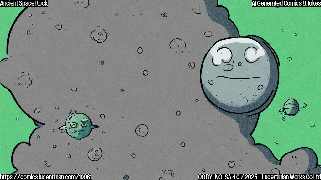 A simple cartoon drawing of a gray space rock with a slightly grumpy expression, floating above a green planet with a surprised expression. The background is a plain light blue.
