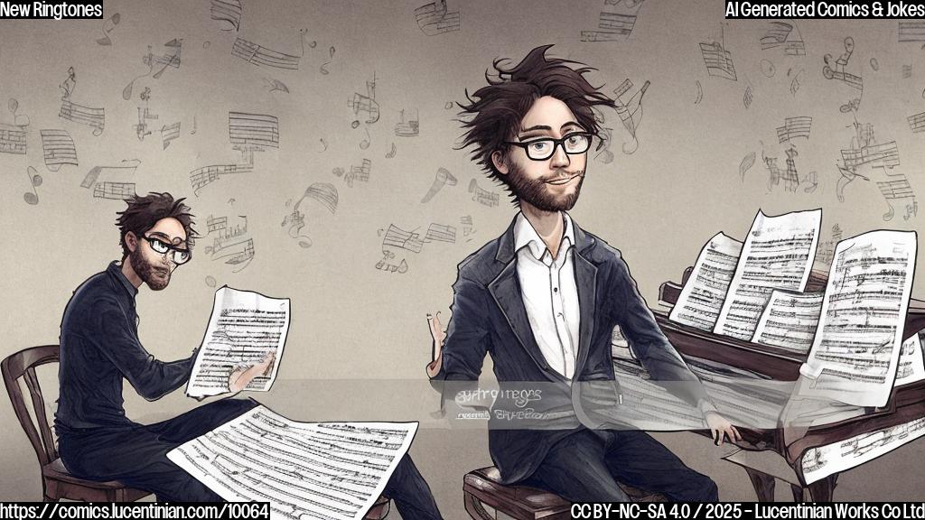 A music composer with glasses and a slightly messy hairstyle, sitting at a piano with sheet music in front of him. He looks exasperated. In the background, an iPhone displays a notification about new ringtones. Plain color cartoon style.