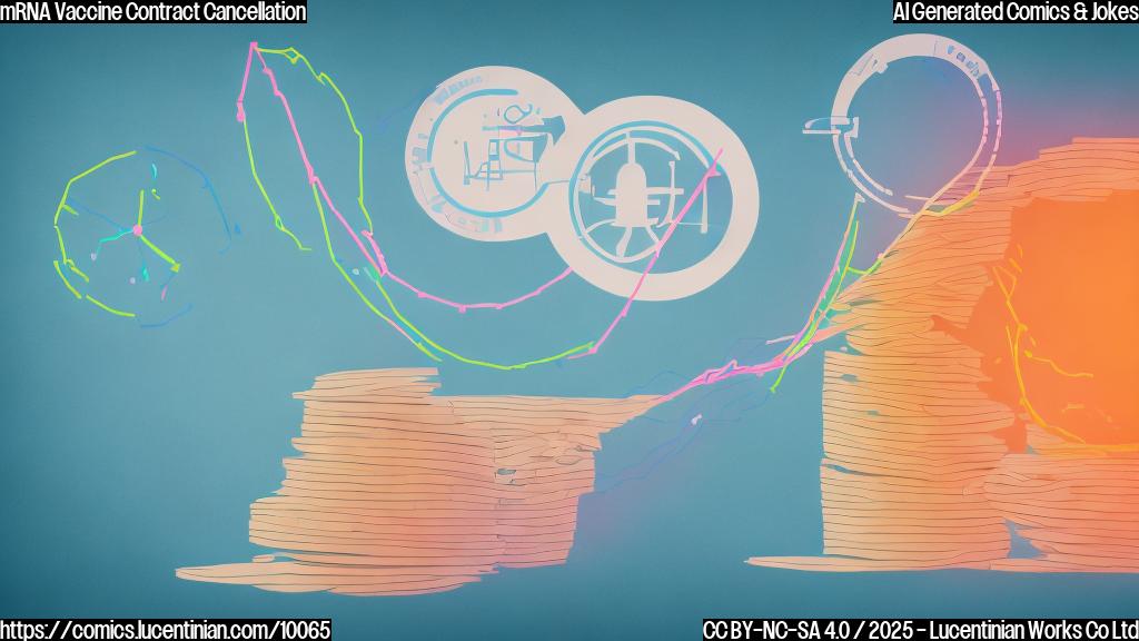 Cartoon image of a graph with a sharply declining line representing "Public Trust," next to a pile of canceled contracts. The graph is labeled "mRNA Vaccine Trust." All in plain, bright colors.