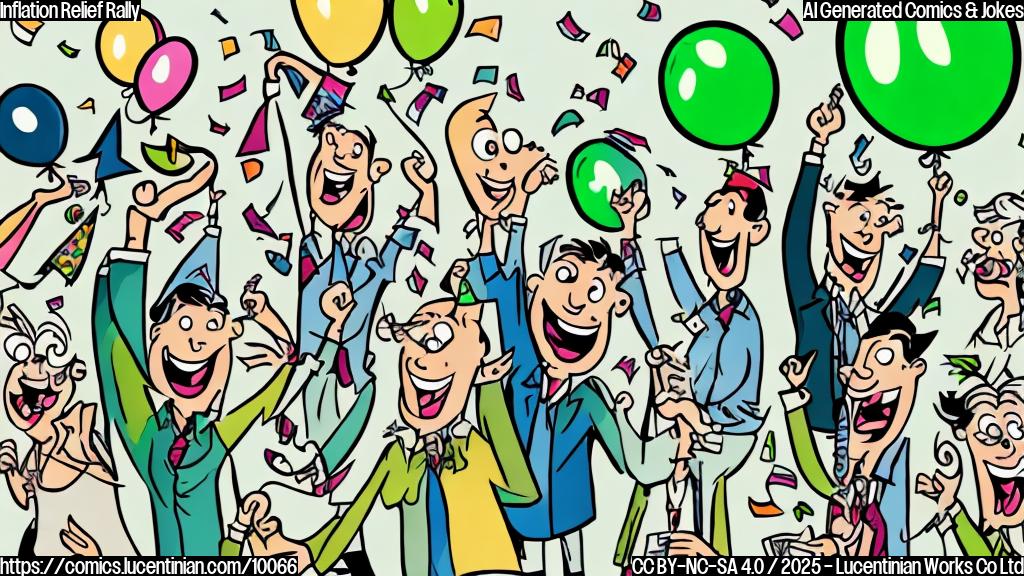 A cartoon style drawing of a group of generic stock market tickers celebrating with party hats and balloons, the background is a plain light green color.