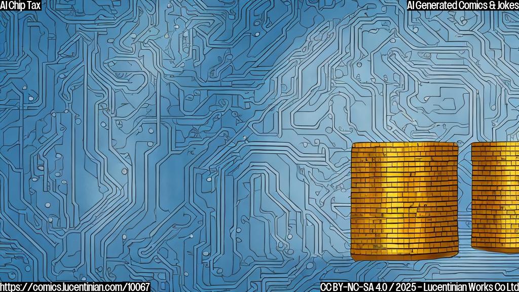Plain color cartoon style image of two computer chips shaking hands with a government building that has a coin slot on its front. The chips look nervous and the building looks greedy.