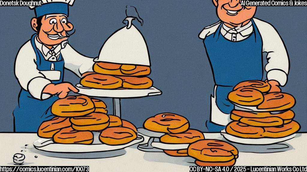 A plain color cartoon style image of a baker with a tall white hat, looking stressed while holding a tray of doughnuts shaped like miniature trenches. The background is a simple blue.