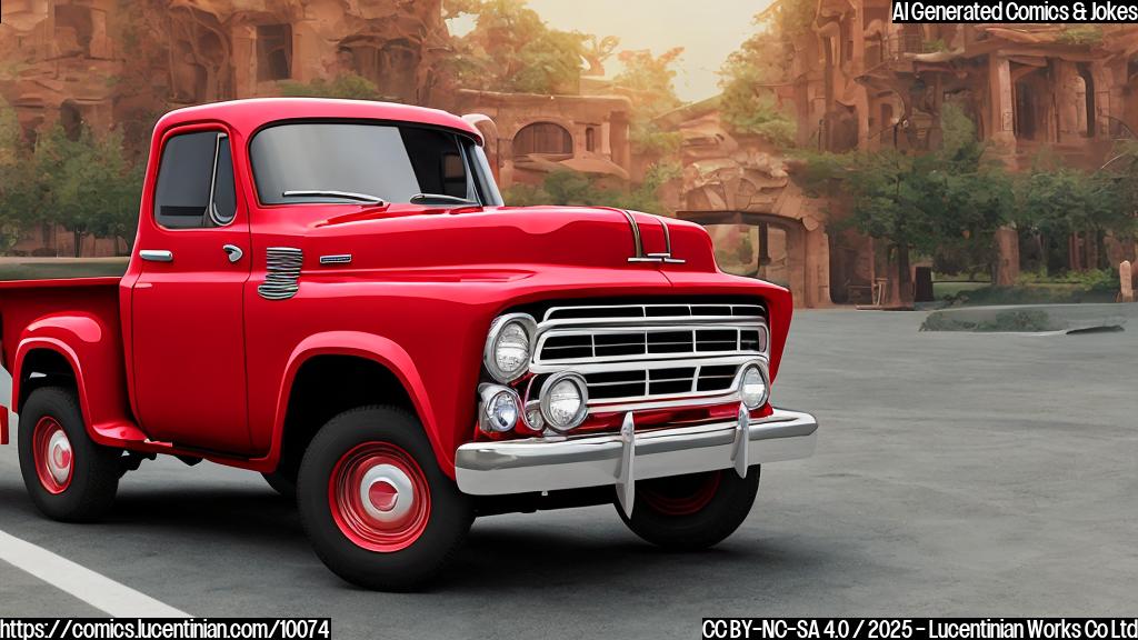 A plain cartoon style image of a bright red electric pickup truck with exaggeratedly large wheels, blushing with rosy cheeks. The background is a simple light blue.