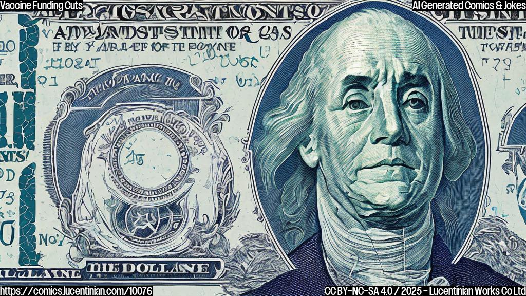 A confused-looking dollar bill running away from a giant syringe in a cartoon style on a plain light blue background.