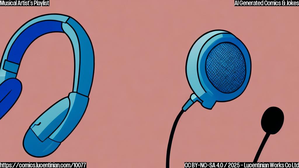 A cartoon image of a microphone wearing headphones, smiling slyly. The background is a plain light blue.