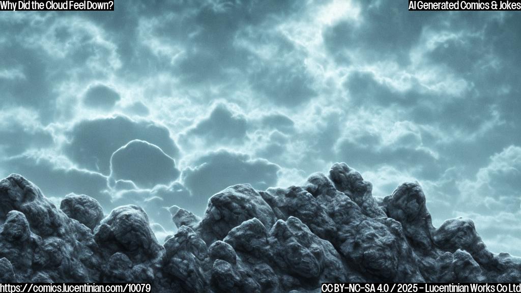 Cartoon style, plain light blue background, a sad-looking white cloud with several dark gray circular voids cut out of it, floating over a barren, rocky island with a snow-capped peak.