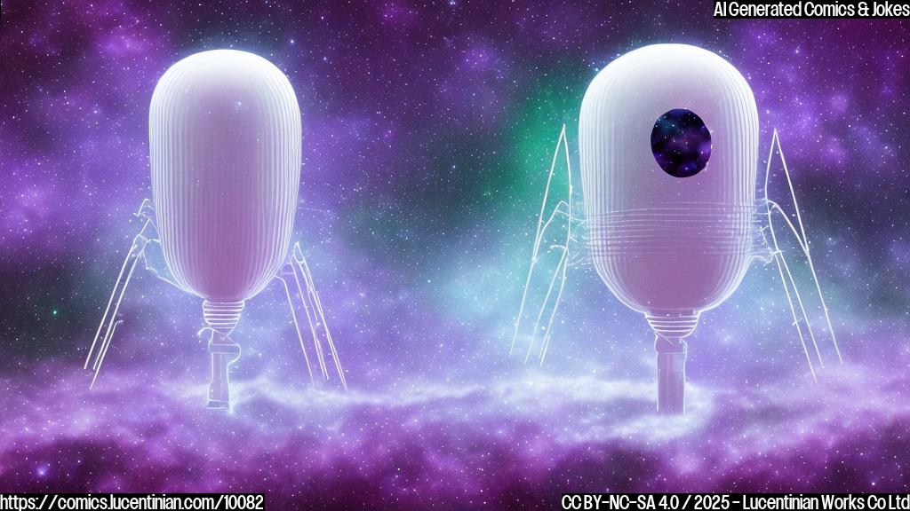 A cartoon-style image of a sad-looking radio wave with antenna ears, floating in the dark vastness of space, dotted with small, blurry purple and blue shapes representing plasma. The background is a plain, dark grey.