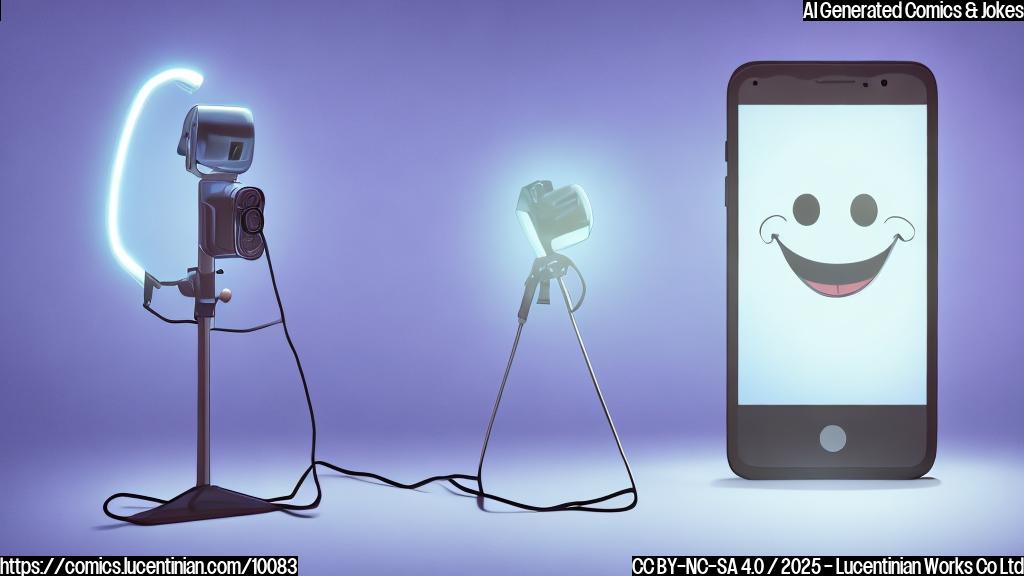 A light blue cartoon phone standing on a stage under a spotlight, with a large number '1' projected behind it. The phone has a smiling face on its screen. The background is a plain light blue. Cartoon style.