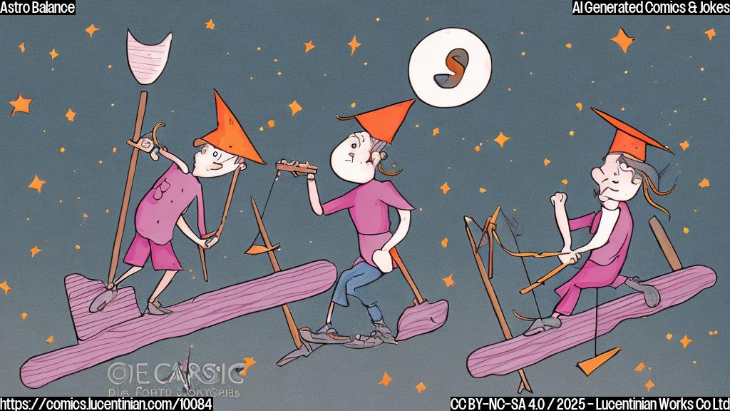 A simple cartoon illustration of an astrologer wearing a pointy hat, struggling to balance on a seesaw. One side of the seesaw has a briefcase on it, and the other side has a heart. Plain color background.