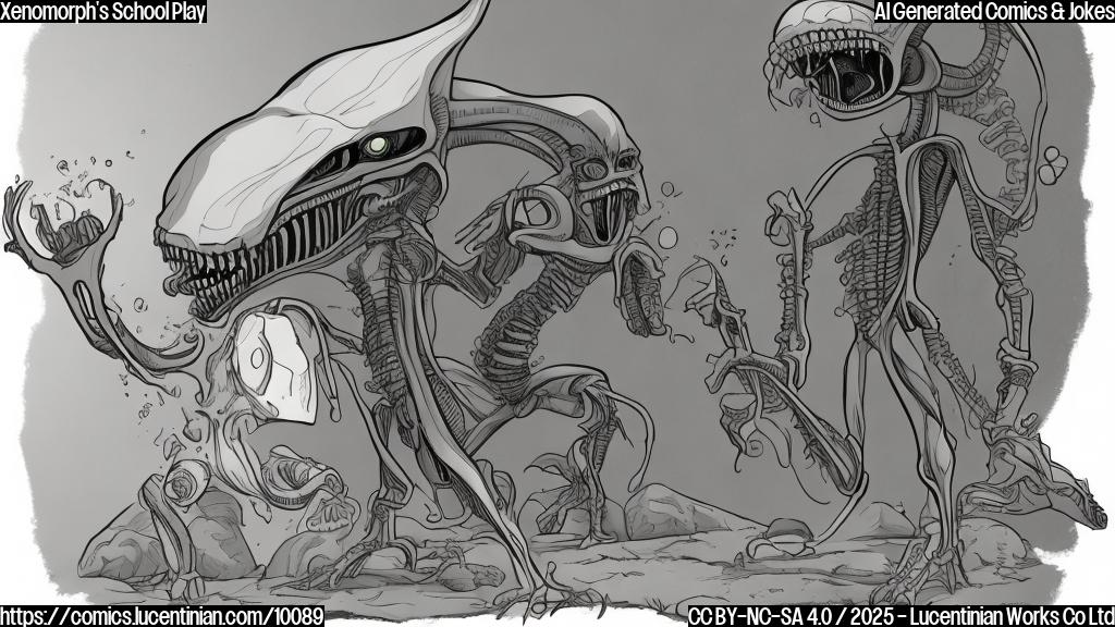 Plain color cartoon style drawing of a Xenomorph standing in a school hallway, wearing a dunce cap, with a poster for "Peter Pan" in the background that has a large hole ripped through the chest area.