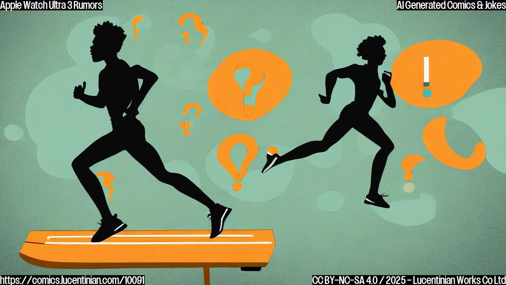 Plain color cartoon style picture of a silhouette of a person running on a treadmill while looking excitedly at a giant smartwatch on their wrist, with question marks floating around their head.