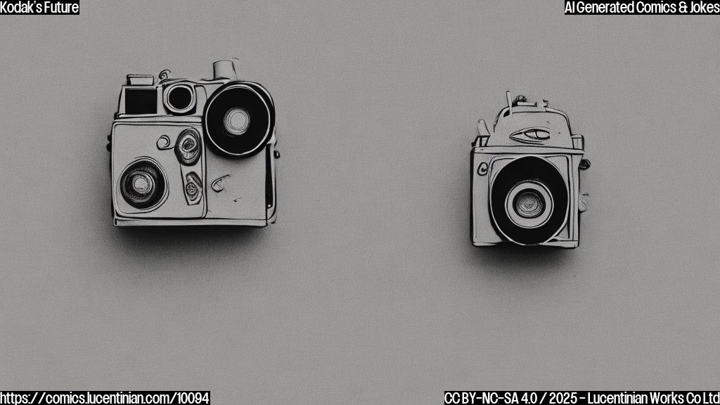 A sad, vintage-style camera in a plain light gray color, sitting alone on a dark surface. The camera has a single lens and a simple design. Cartoon style.