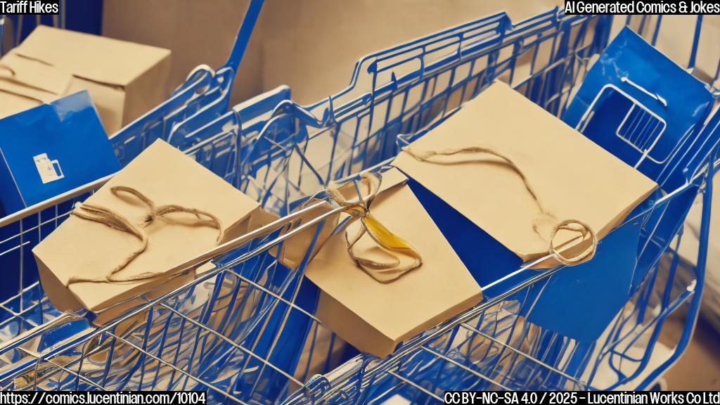 A sad-looking blue box with a label saying "Imported Goods" turning away from a person in a shopping cart with a tear rolling down their cheek, background is light yellow.
