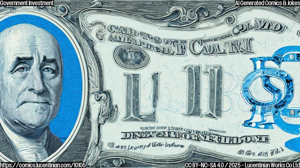 A light blue background with a cartoon style drawing of a computer chip with a dollar sign on it. A government building is on the left side.