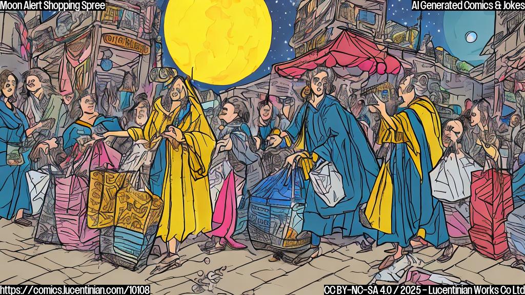 Cartoon of an astrologer in robes looking stressed while surrounded by shoppers carrying overflowing bags, with the moon in the background. Plain, color cartoon style.