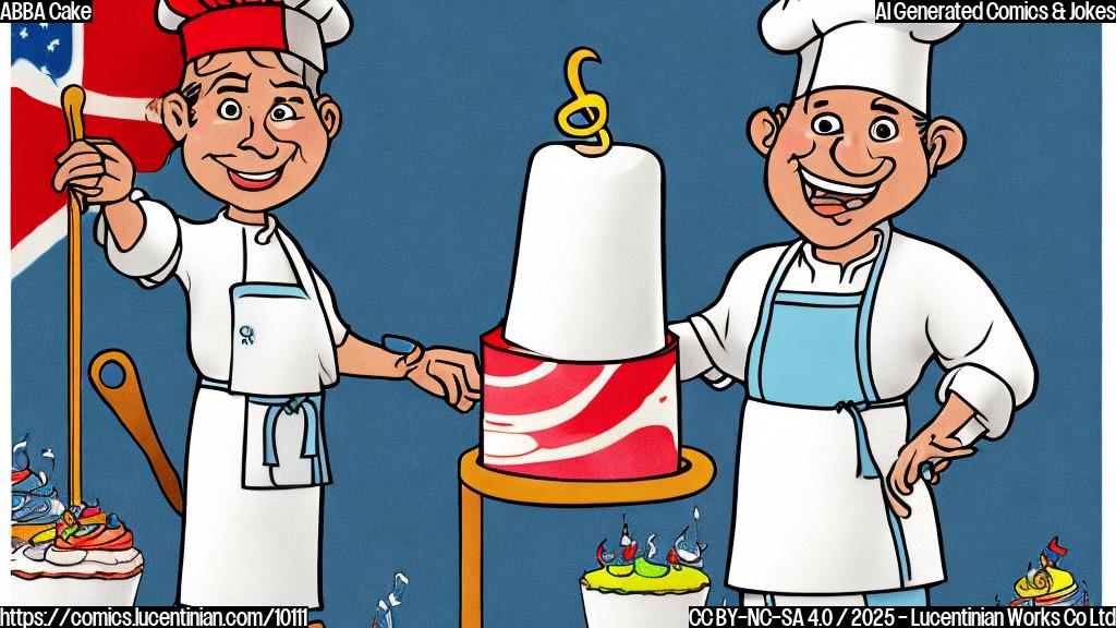 A plain color cartoon style image of a baker wearing a white hat and apron, standing in front of a large double-layer cake. The cake is decorated with music notes and small Swedish flags. The background is a solid light blue.