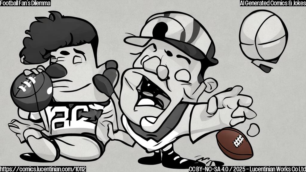 Draw a sad cartoon football fan with a deflated football, sitting on a couch in front of a turned-off television. The room is dimly lit, and the fan is wearing a team jersey (generic colors, no logos) and a foam finger. The style should be plain color cartoon.