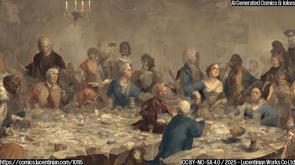 A plain color cartoon image depicting a group of diverse figures sitting around a large table, with tangled plastic wrap covering the table and figures. Some figures look frustrated, others look confused. The overall color scheme is muted and slightly gloomy.