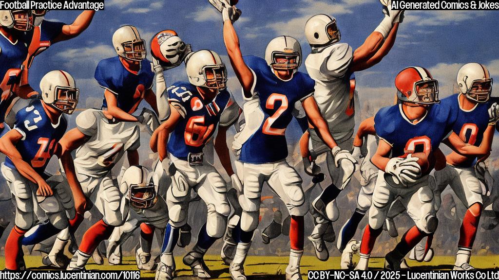 Plain color cartoon style picture of a football team with helmets and pads, one player carrying a ladder looking upwards.