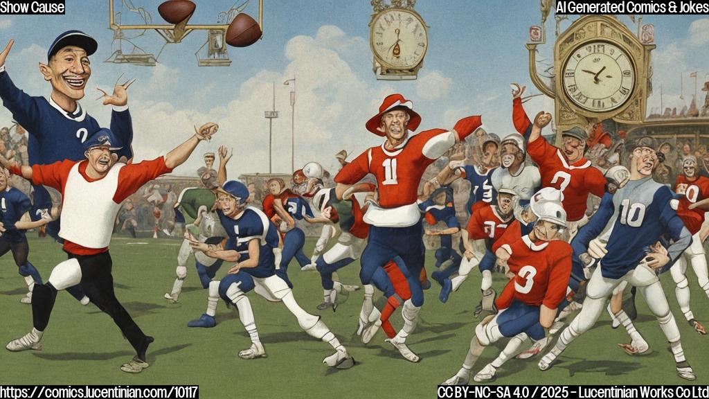 A plain color cartoon of a person with a cap and wearing sport suit on a football field, pointing emphatically with a very large grin. In the background, a large clock showing '10 years'.