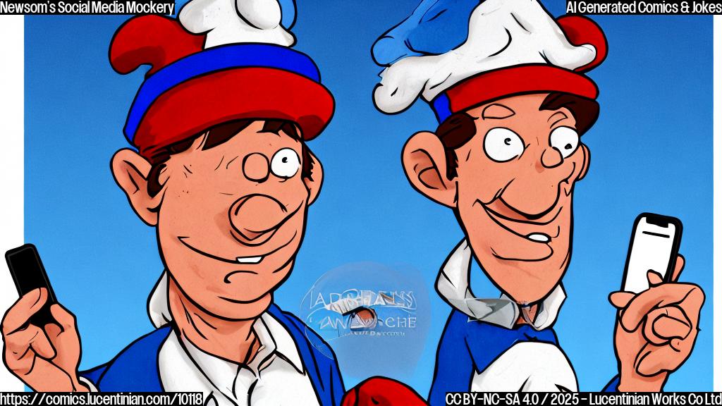 A cartoon-style image of a blue-shirted man with short brown hair standing at a podium, holding a smartphone and grinning mischievously. Behind him, a faint, ghostly image of a blonde-haired man in a red hat making exaggerated gestures. The background is a plain light blue.